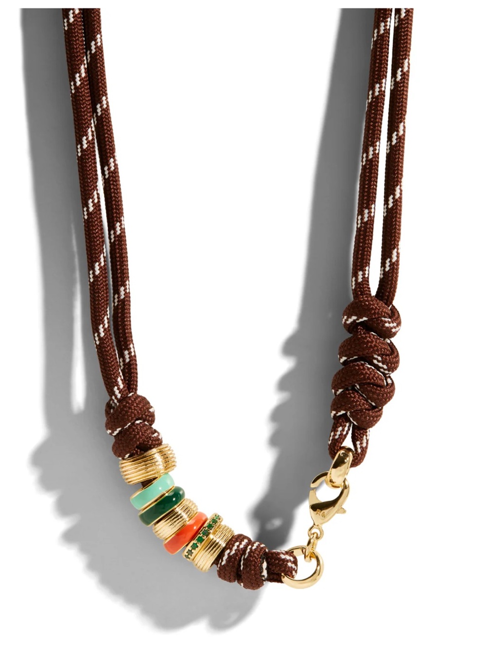 NWOT Roxanne Assoulin Brown Cord Necklace with Green Coral and Gold Accents